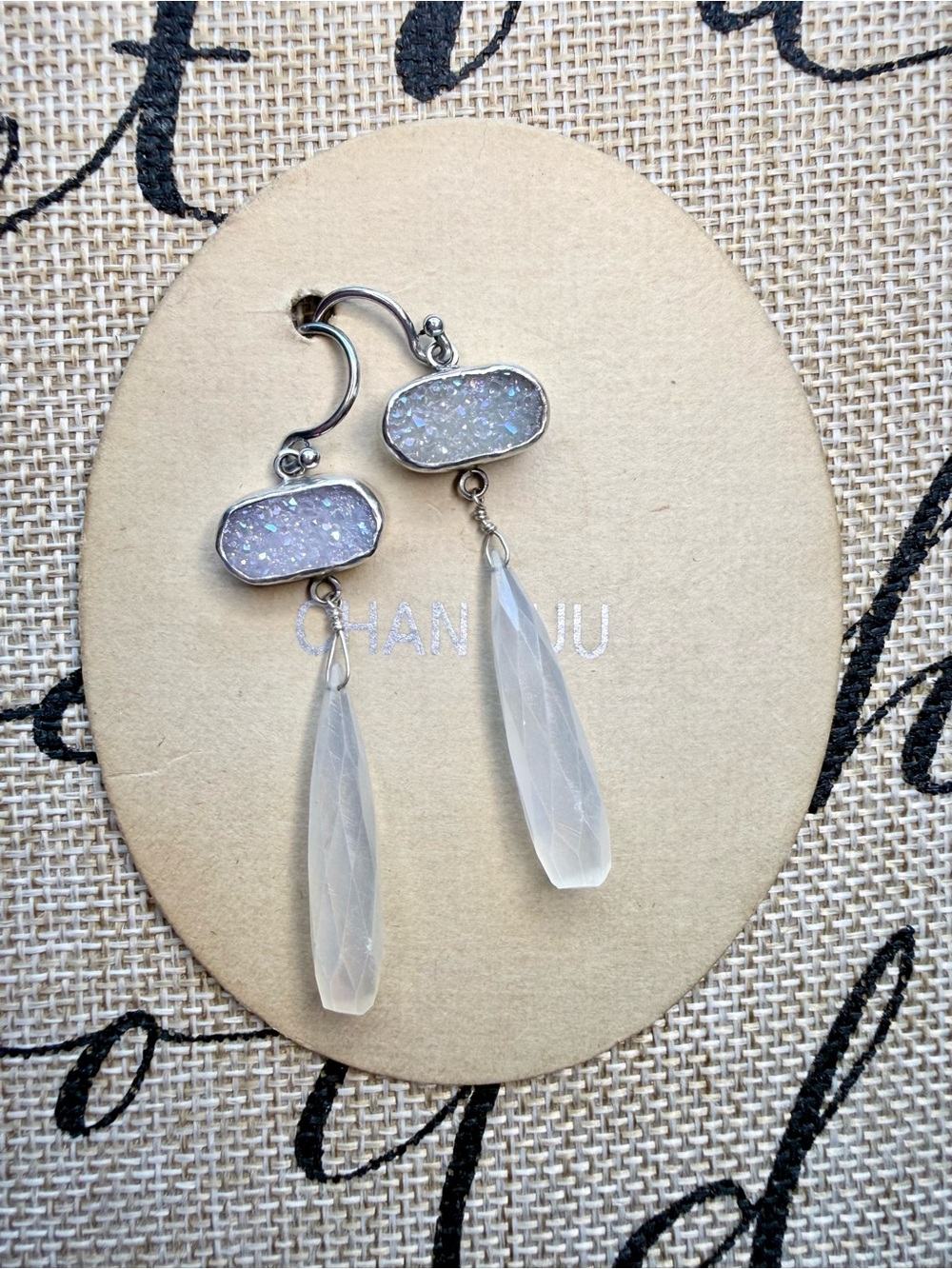 Chan Luu Iridescent Rainbow Druzy and Faceted Silverite Teardrop Earrings